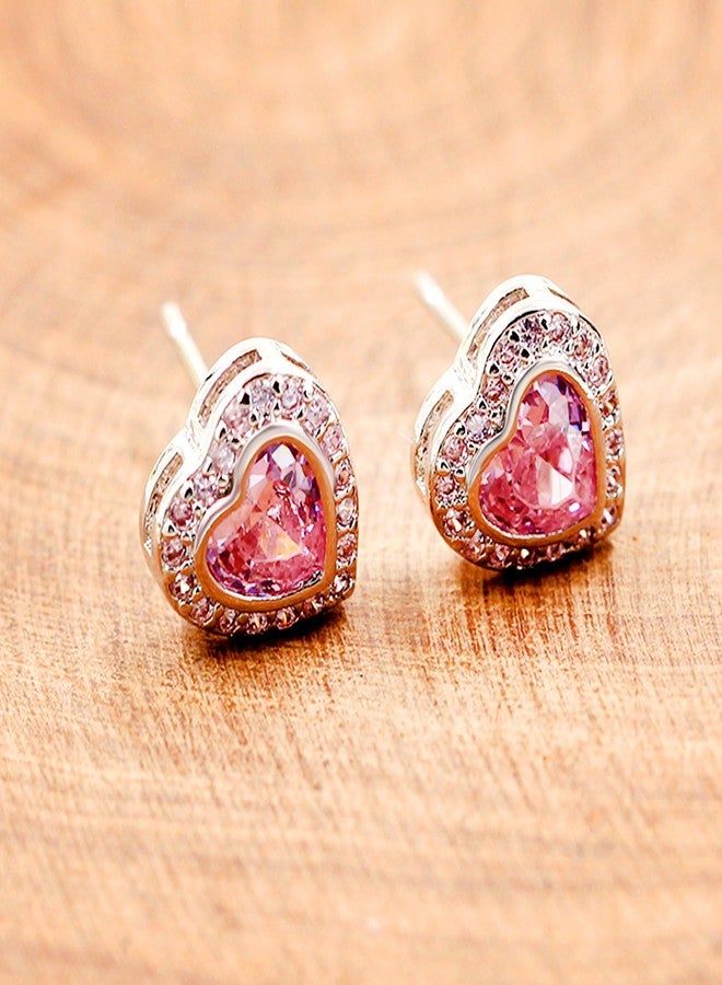 Tobestu White Gold Plated Pink Heart Stud Earrings Cubic Zirconia Crystal Love Heart Halo Post Studs Earrings Set for Women Y4135 - Image 5
